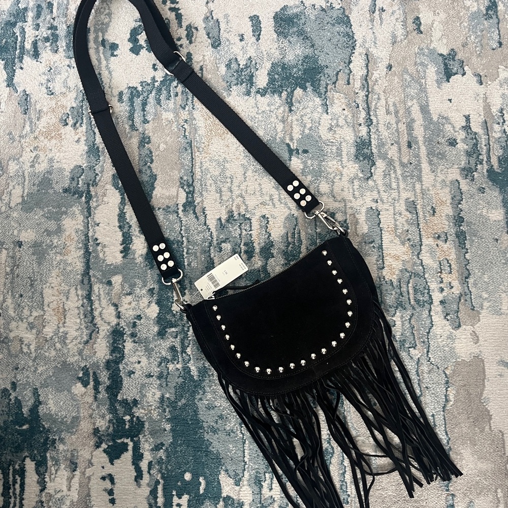 Black Suede Fringe Handbag Anthropologie NEW Leather Crossbody